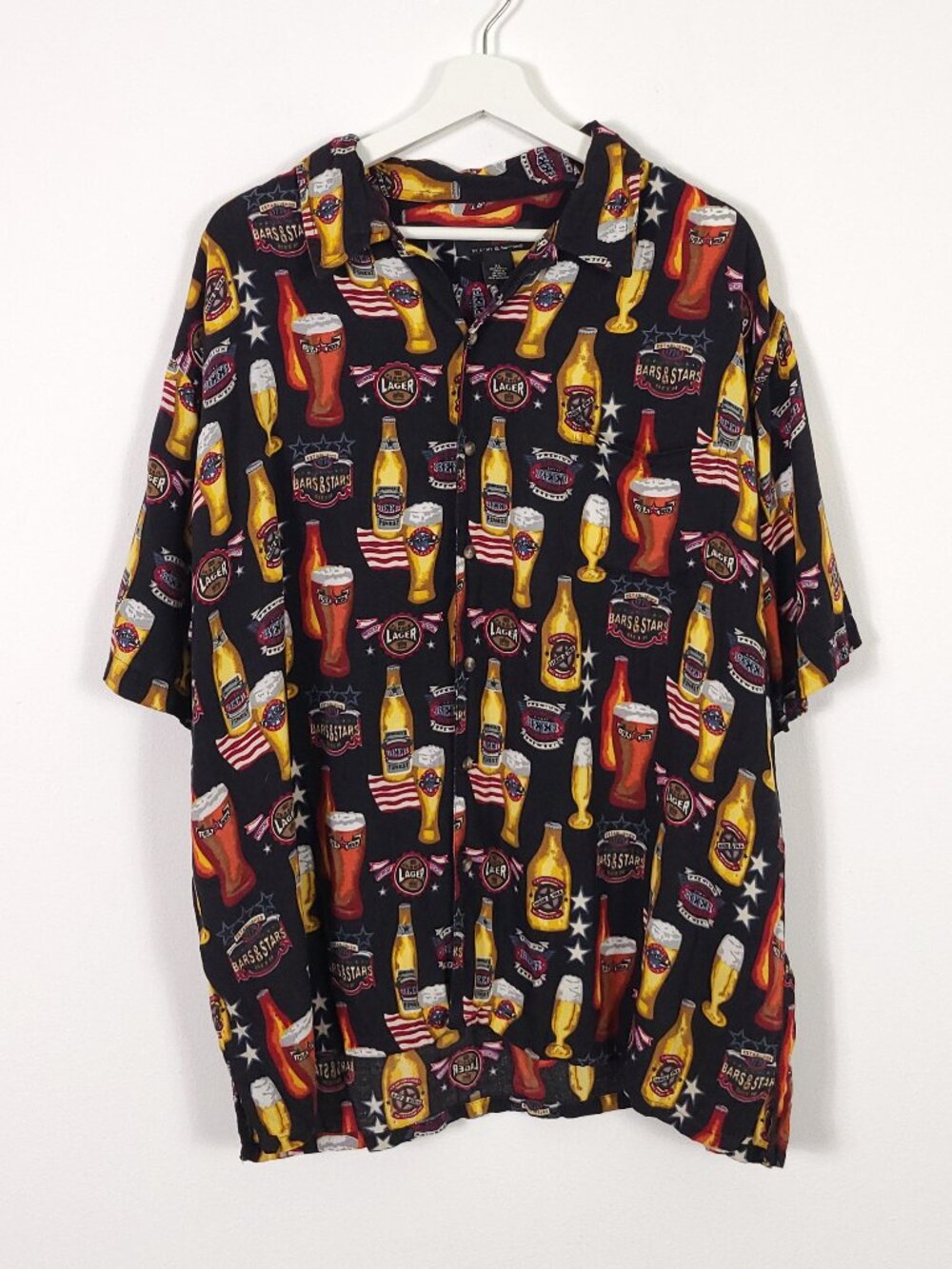 Vintage Beer Novelty Print Short Sleeve Button Down Shirt